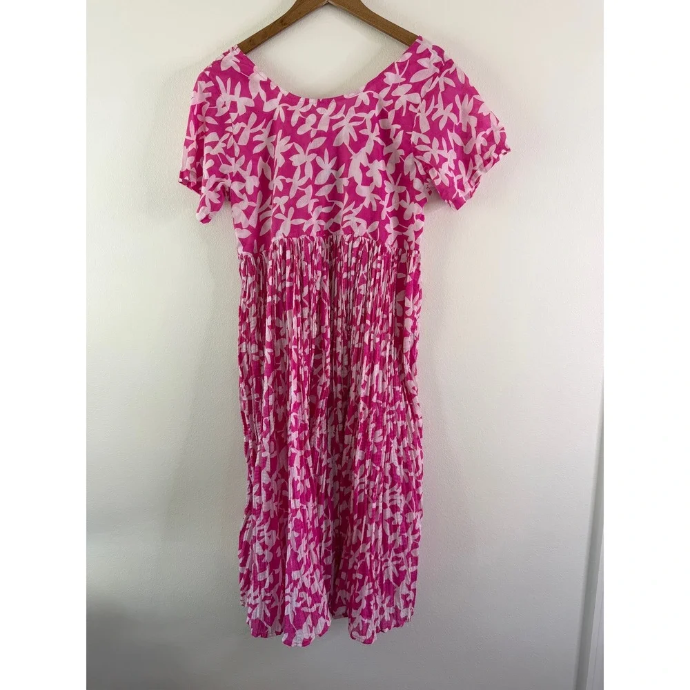 VTG Naqui Pink Floral Pleated Midi Dress O/S Boho Cottagecore Button Back - Picture 3 of 8